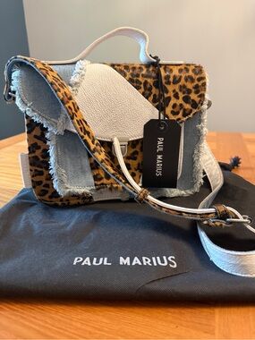 French Paul Marius Denim, Leopard & White Crossbody Satchel Bag - French